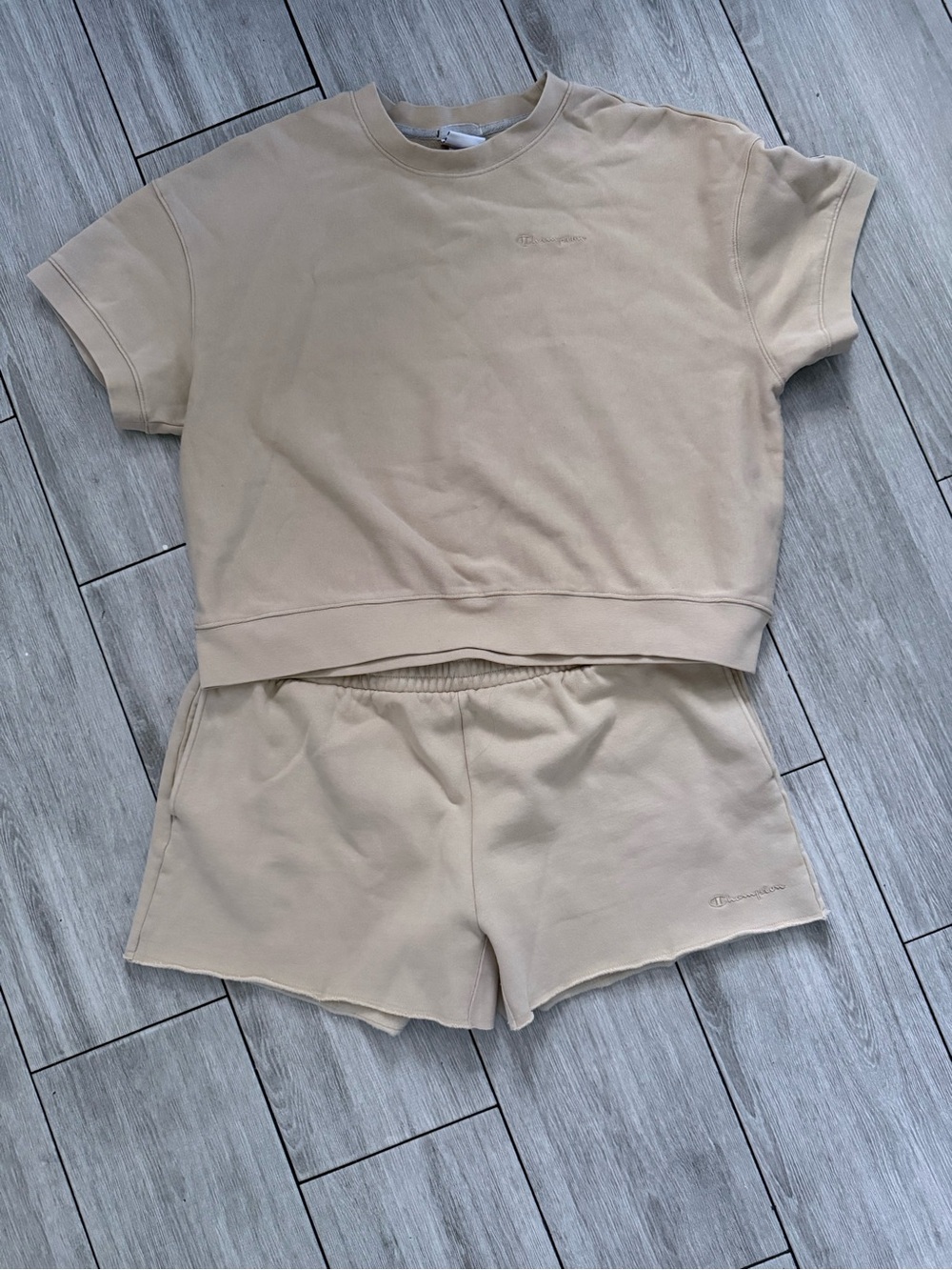 Champion Neutral Tan Fleece Lounge Set - Crop Sweatshirt & Drawstring Shorts